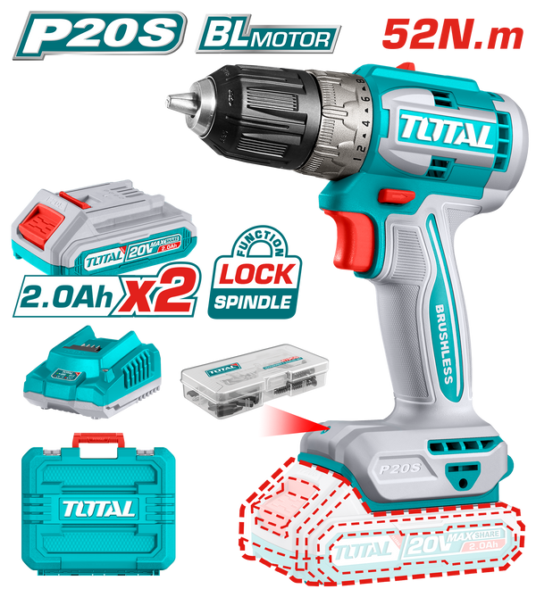 Total tools Brushless cordless drill 20V 52Nm + 2 pcs batteries + charger + 47 Pcs accessories TDLI20453