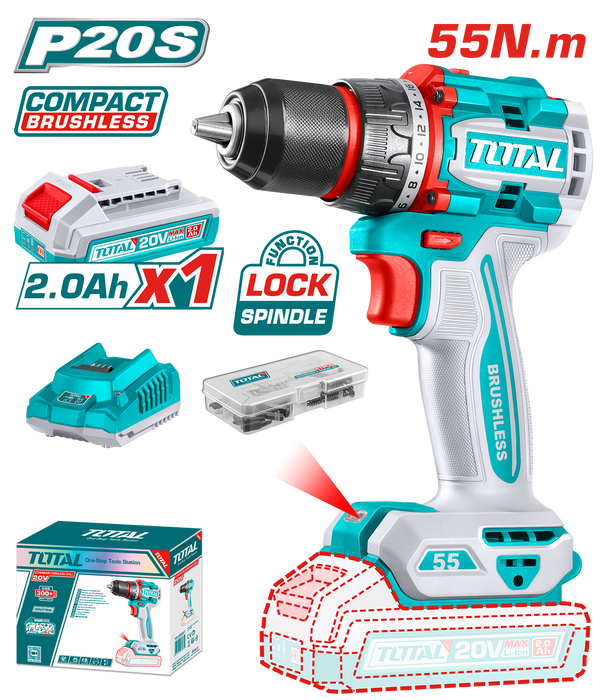Tools Lithium-Ion Compact Brushless Cordless Drill 55 NM ith 1Pcs 2.0Ah And Charger And 47 Pcs accessories -TDLI205582