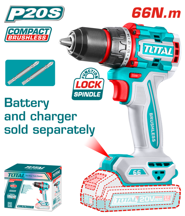 Total tools Compact Brushless Cordless Drill 20 volt 66 N.m without battery and charger - TDLI206681