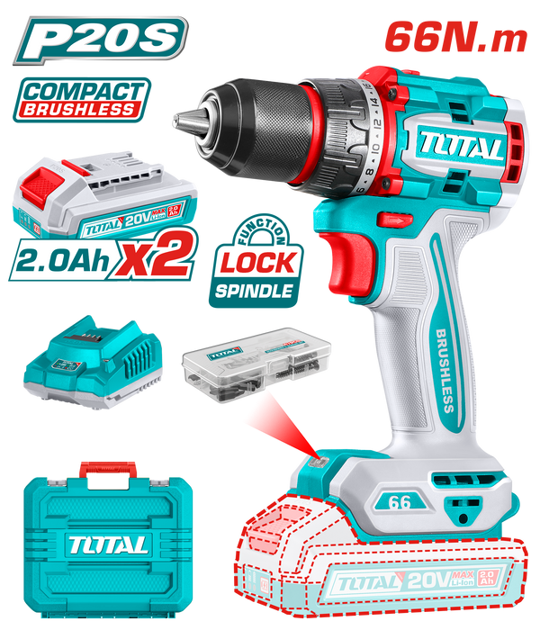 Total tools Compact Brushless Cordless Drill 20 volt 66 N.m + 2 battery and charger -TDLI20668