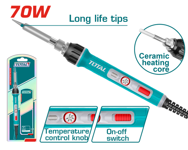 توتال تولز كاوية لحام قصدير كهرباء 70 وات ببكره للتحكم فى الحرارة - TET01606 