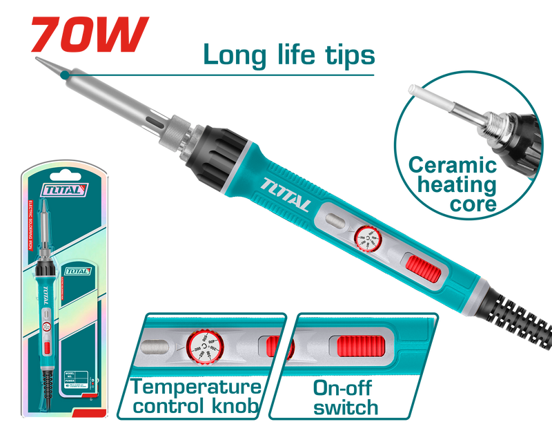 توتال تولز كاوية لحام قصدير كهرباء 70 وات ببكره للتحكم فى الحرارة - TET01606 