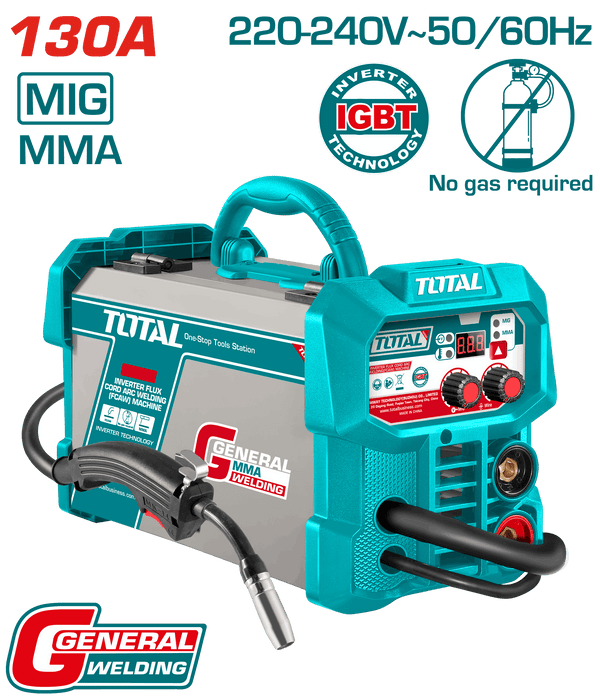 Total Tools Inverter Welding Machine 130A – Welding Rod 1.6–3.2mm & Wire 0.8–0.9mm Gasless -TFC13018