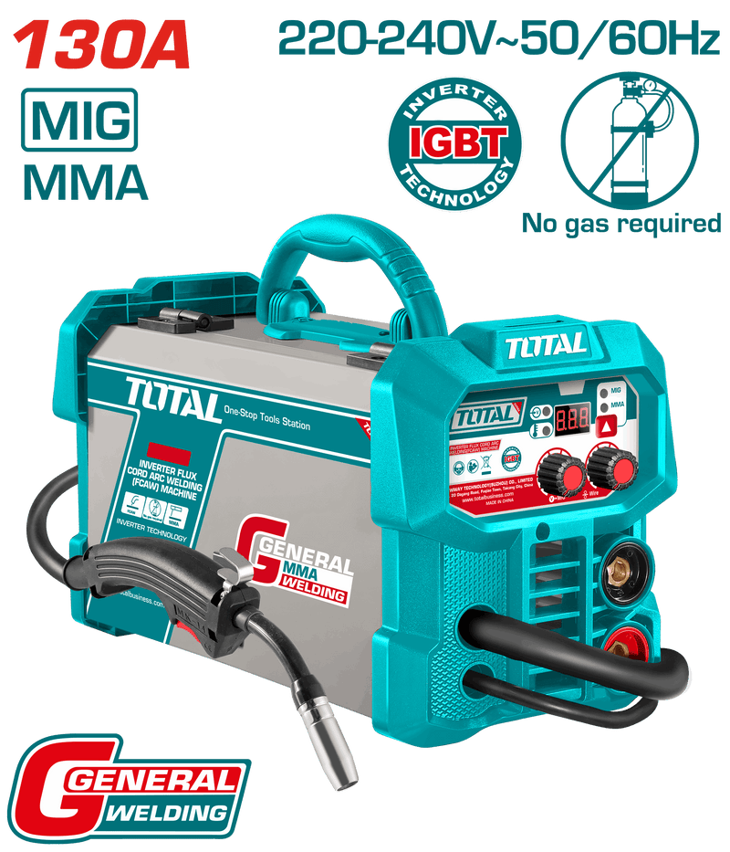 Total Tools Inverter Welding Machine 130A – Welding Rod 1.6–3.2mm & Wire 0.8–0.9mm Gasless -TFC13018