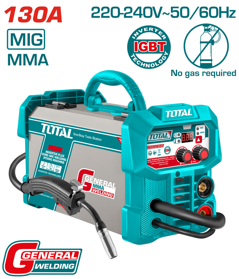 Total Tools Inverter Welding Machine 130A – Welding Rod 1.6–3.2mm & Wire 0.8–0.9mm Gasless -TFC13018
