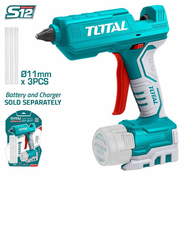 Total tools 12V lithium-ion glue gun TGGLI1201, includes 3 glue sticks, battery and charger sold separately, double blister pack.