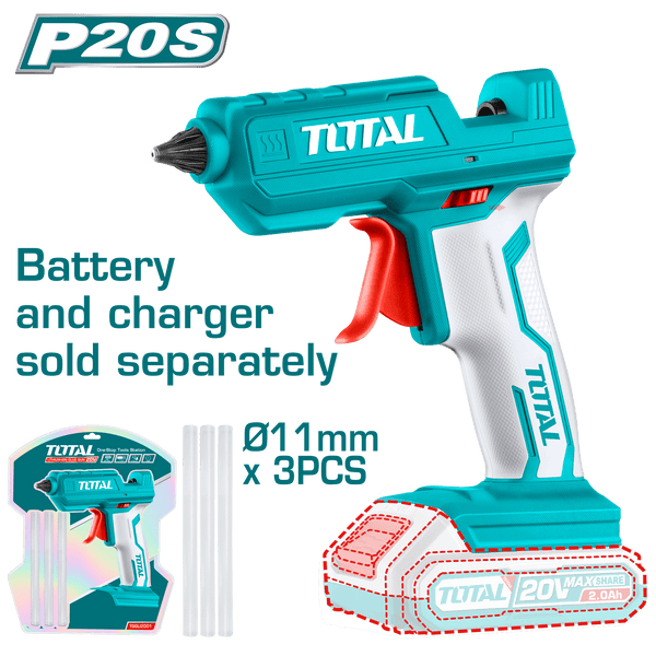 Total Tools 20V Lithium-ion Glue Gun TGGLI2001 with 3 glue sticks, battery and charger sold separately, blister packed.