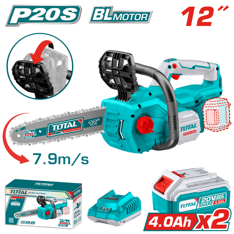 Total Tools 20V Brushless Cordless Chainsaw 12" 4.0Ah + 2 Batteries and Charger – TGSLI201286