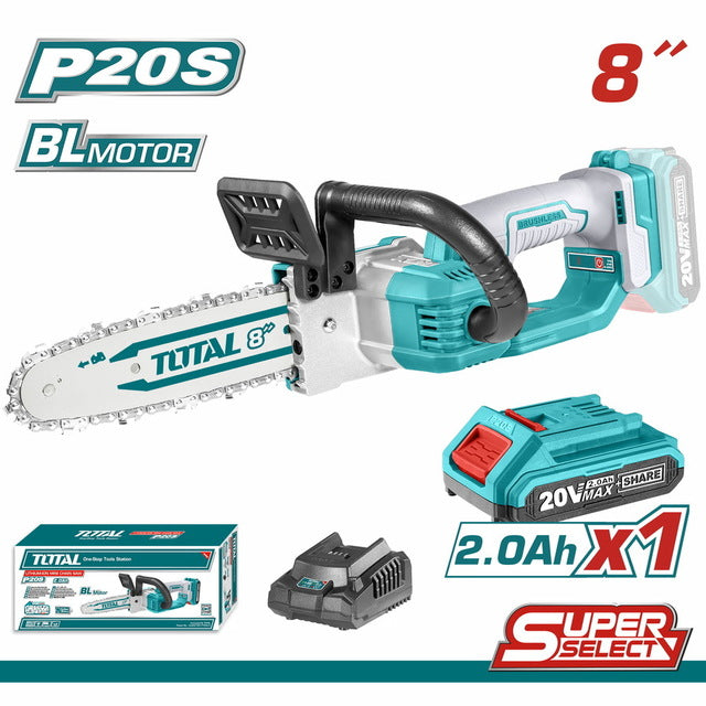 Total tools Cordless  Brushless chain saw 8 " -  20V 2 A with battery and charger  - TGSLI20851