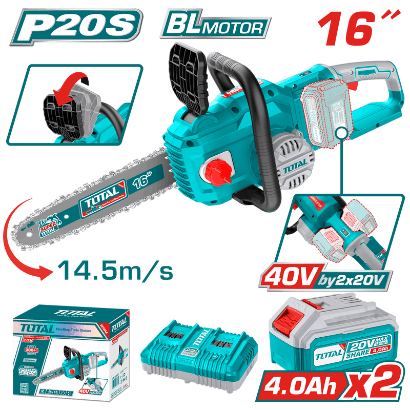 Total Tools 20V Brushless Cordless Chainsaw 16" 4.0Ah + 2 Batteries and Charger – TGSLI401682