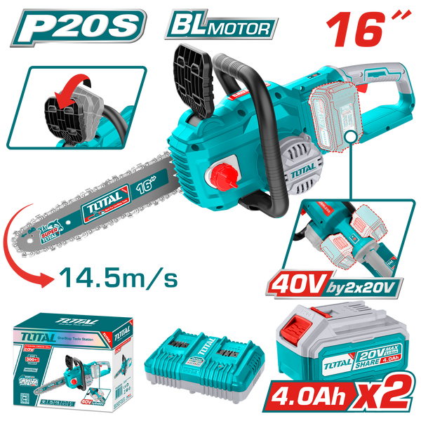 Total Tools 20V Brushless Cordless Chainsaw 16" 4.0Ah + 2 Batteries and Charger – TGSLI401682