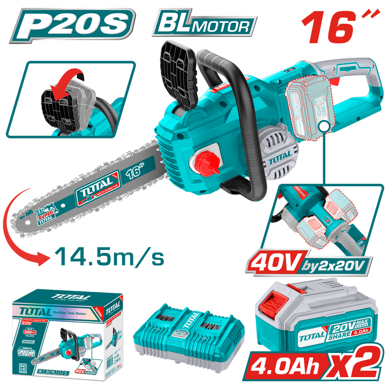 Total Tools 20V Brushless Cordless Chainsaw 16" 4.0Ah + 2 Batteries and Charger – TGSLI401682