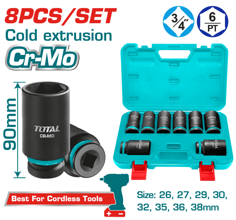 Total Tools 3/4" Long Impact Socket Set 26 : 38 mm 8 Pcs – Model THKISD34082L