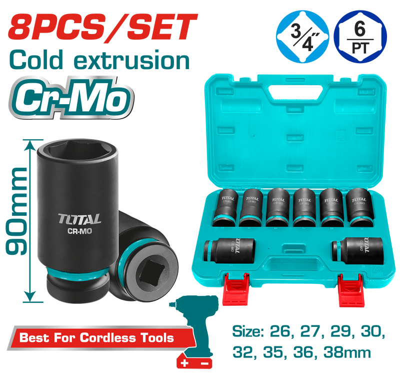Total Tools 3/4" Long Impact Socket Set 26 : 38 mm 8 Pcs – Model THKISD34082L
