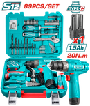 توتال تولز شنطة عده + شنيور  بطاريه  12 فولت 20 نيوتن + بطاريه و شاحن   89 قطعه  - THKTHP10892 