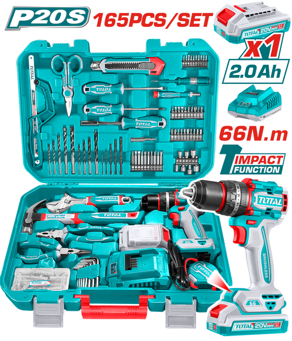 Total tools 165 Pcs Tools set included  20V cordless drill 66 N.m + battery and charger - THKTHP11652