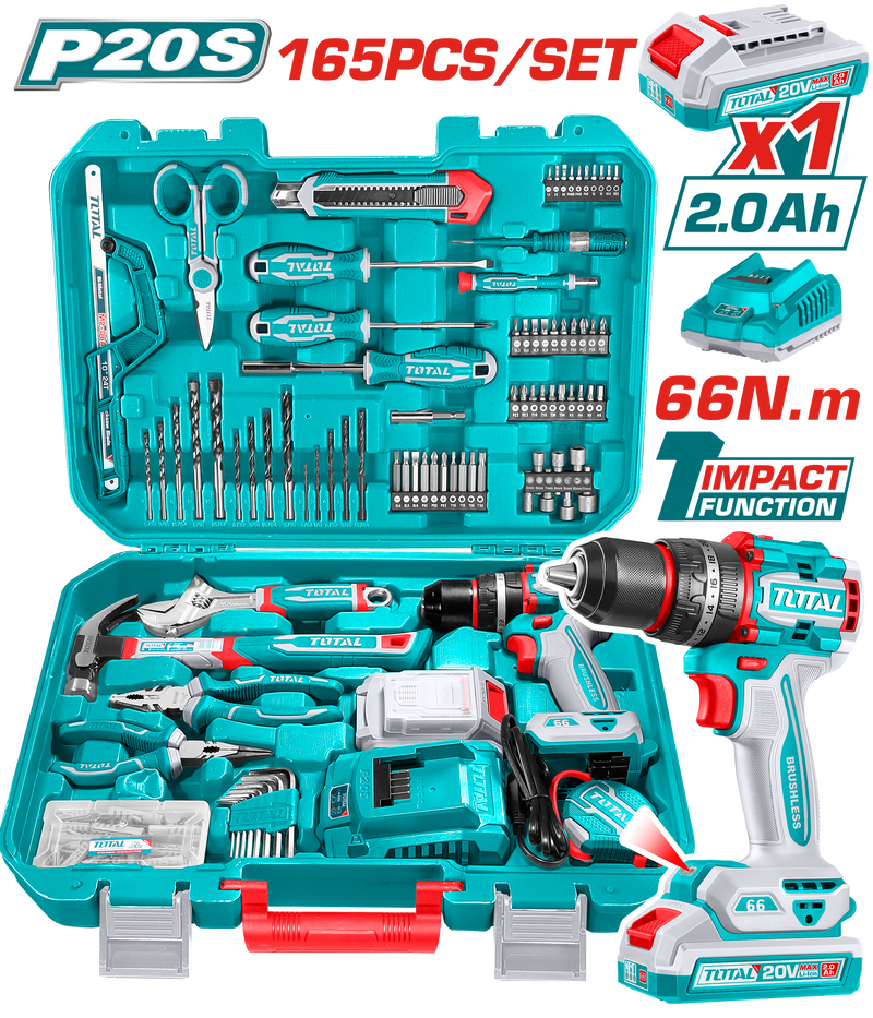 Total tools 165 Pcs Tools set included  20V cordless drill 66 N.m + battery and charger - THKTHP11652
