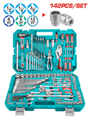 "Total Tools 142 Pcs Combination Tools Set THKTHP21426 in blue case with sockets, wrenches, and pliers"