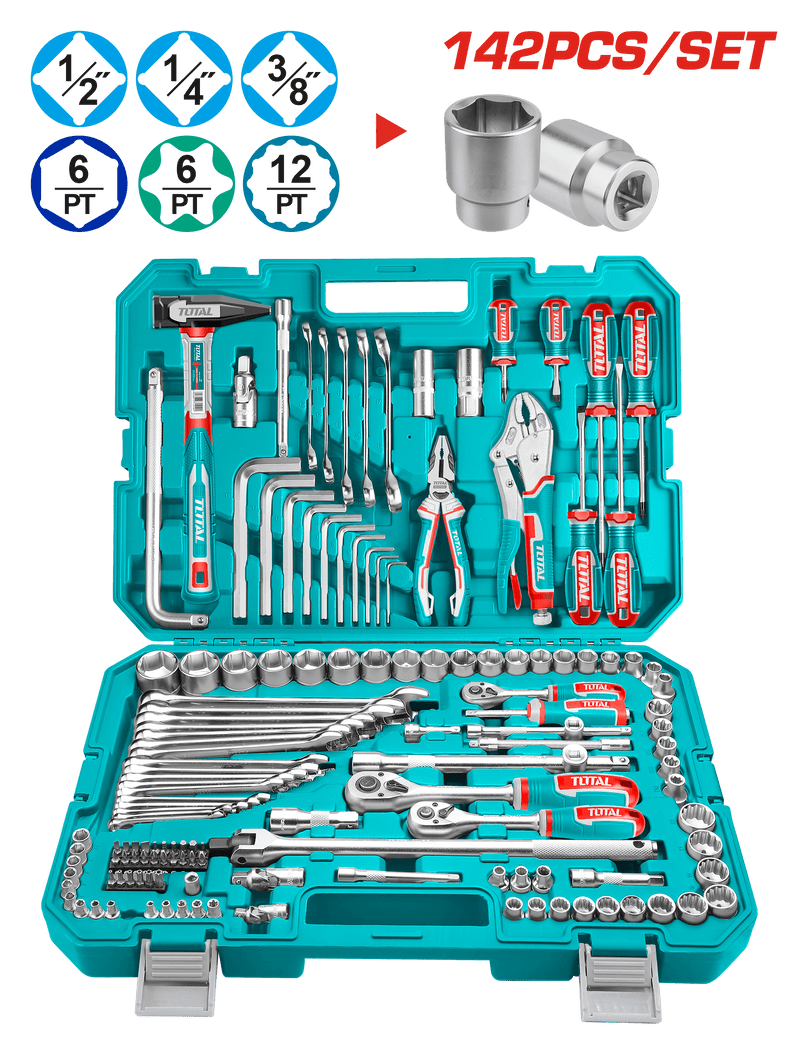 "Total Tools 142 Pcs Combination Tools Set THKTHP21426 in blue case with sockets, wrenches, and pliers"