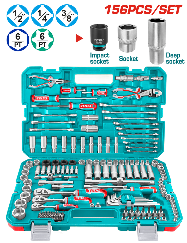 THKTHP21566 - توتال تولز طقم عدة لقم 1/4 "  + 3/8"  + 1/2 "   و مفاتيح  و بنس  156 قطعة  