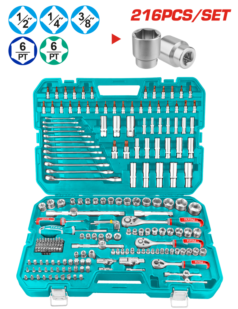 Total tools 216 Pcs combination tools set (1/4" - 3/8" - 1/2 " ) - THKTHP22166