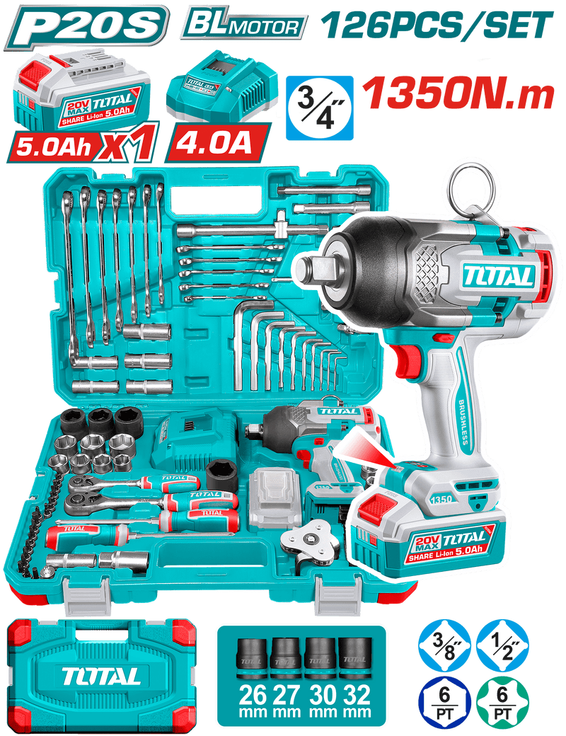 توتال تولز دريل بطارية برشليس 20 فولت  1350 نيوتن  3/4 بوصة مع  بطارية  و شاحن و طقم عدة , 126 قطعة - THKTHP31262 