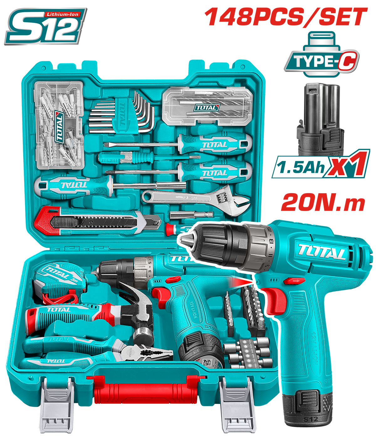 Total Tools Tool set with Cordless Drill 12V – 20Nm – 148 Pcs – Model
