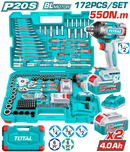 توتال تولز شنطة  عده و  دريل بطارية 1/2 بوصة 550 نيوتن  مع 2 بطارية و شاحن , 172 قطعة - THKTHP41728 