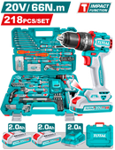 Total tools 218 Pcs Tools set , 20V cordless impact drill with  2 Batteries and Charger  + Combination Tools Set - THKTHP42187