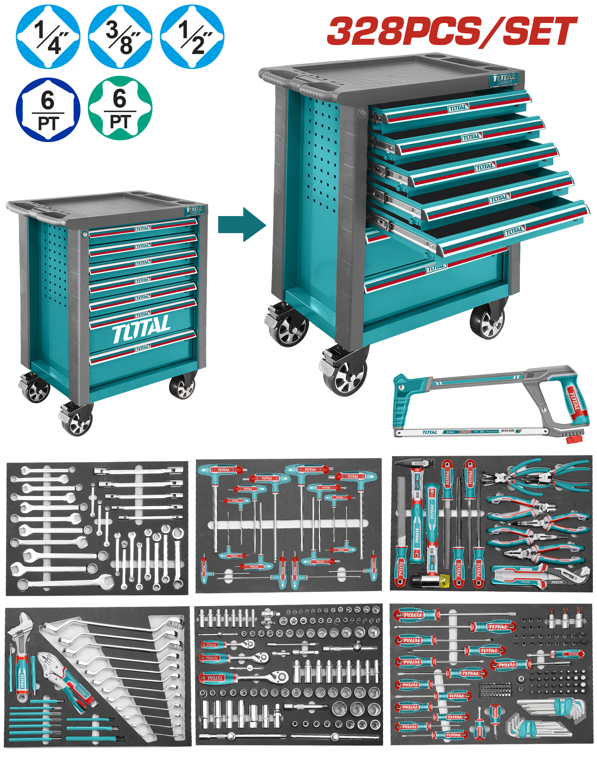 Total Tools Rack Total Tools 7-Drawer tool chest set Trolley with 328 Pieces – THPTCS73