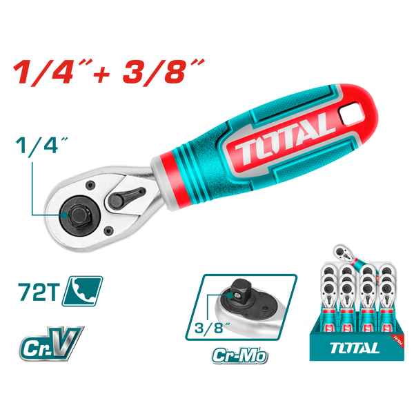 Total tools Stubby ratchet handle 1/4" + 3/8" 72T -THT1061438