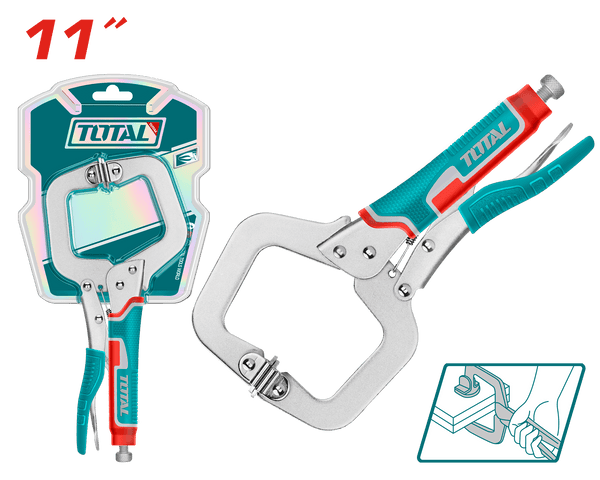 Total Tools 11" C-Clamp Locking Plier THT111113 in packaging, carbon steel, nickel-plated, with ergonomic handles, on display.