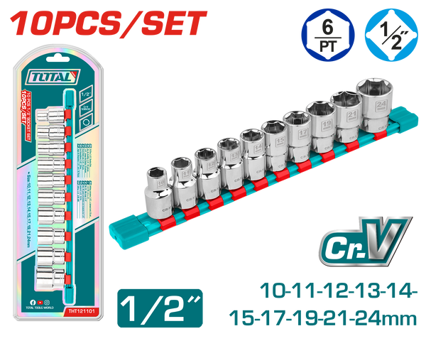 Total tools 10 Pcs 1/2" socket set 10 : 24 mm - THT121101