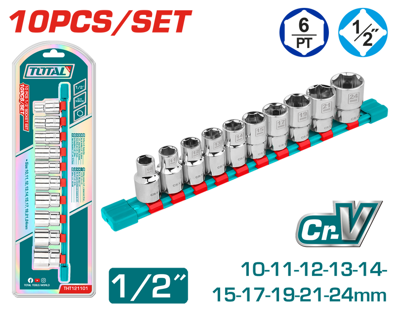 Total tools 10 Pcs 1/2" socket set 10 : 24 mm - THT121101