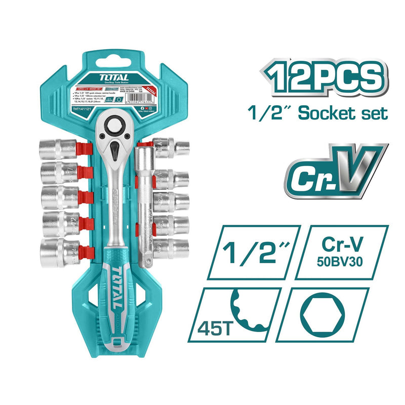 TOTAL TOOLS 12Pcs socket set 1/2" / Socket size from 10 to 24mm - THT141121