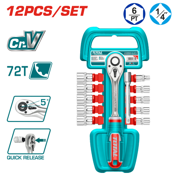 Total tools 12 Pcs 1/4" socket set 5: 14 mm + ratchet handle  - THT14114126