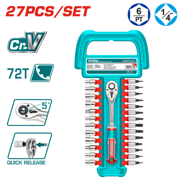 Total tools 27 Pcs 1/4" socket set with  ratchet hand - THT141271