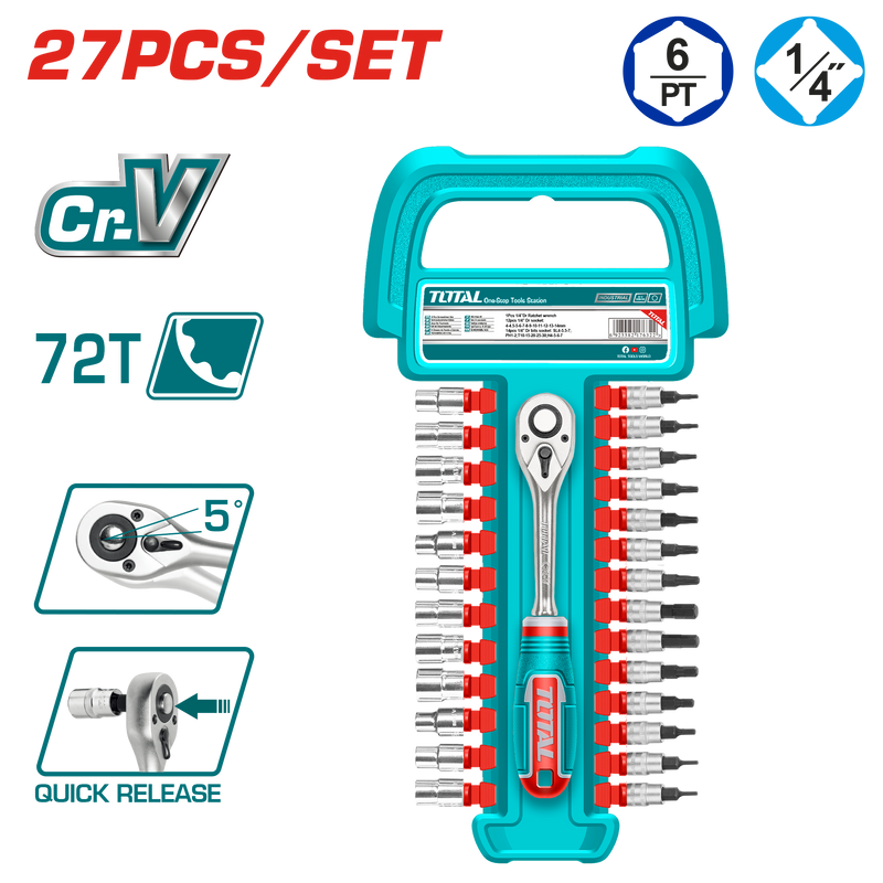 Total tools 27 Pcs 1/4" socket set with  ratchet hand - THT141271