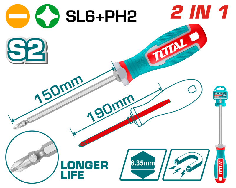 Total Tools Reversible Screwdriver SL6 × PH2 – THT250266