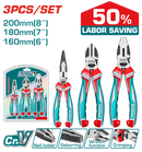Total tools 3 Pcs high leverage pliers set  ( combination pliers , diagonal cutting pliers & long nose pliers ) , 50% Energy saving  - THT2K0308S