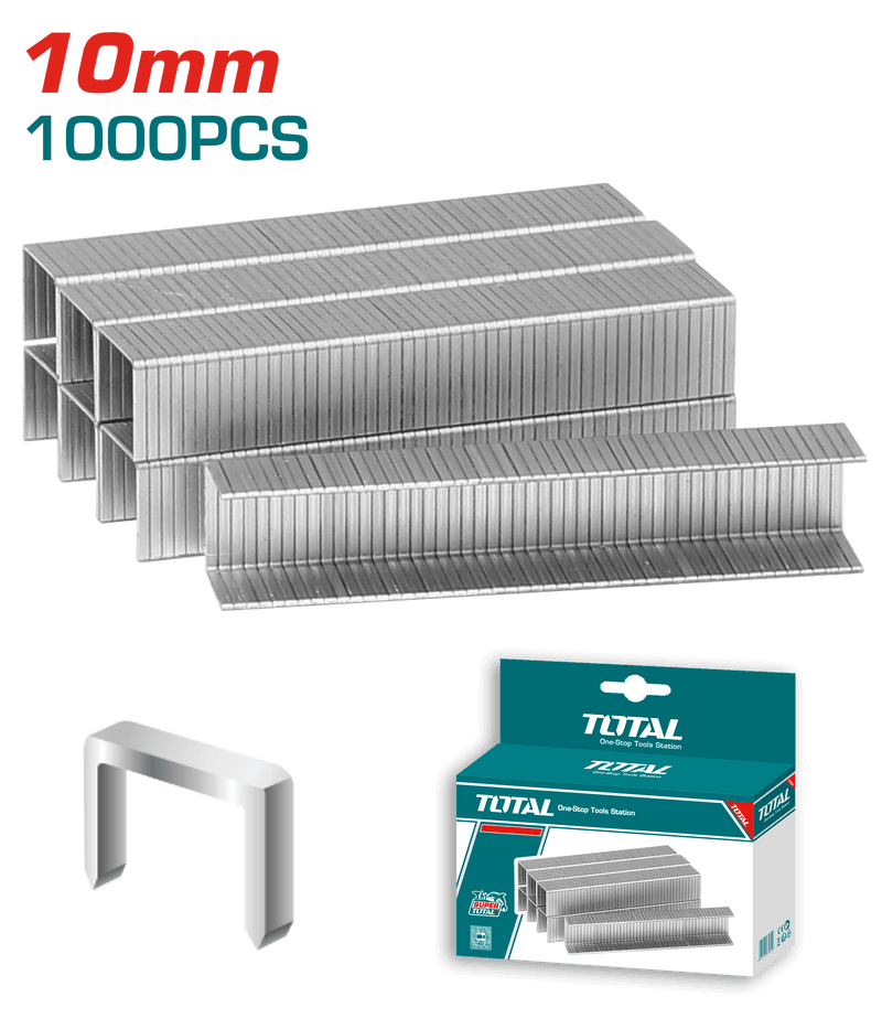 TOTAL TOOLS 10mm staples, 1000pcs, compatible with THT31142, THT31143, THT31146. Durable fastening solution.