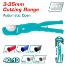 Total Tools PVC Pipe Cutter 3-35mm THT53351 with 210mm length, aluminum body, double blister packaging, and automatic open feature.