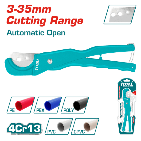 Total Tools PVC Pipe Cutter 3-35mm THT53351 with 210mm length, aluminum body, double blister packaging, and automatic open feature.