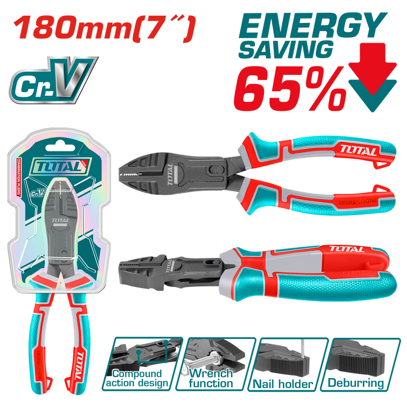 Total tools Compound action 7" combination pliers 65% Energy saving  - THTC510706