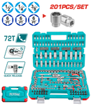 توتال تولز طقم لقم 1/4 و 3/8 و 1/2 بوصه باليدات  و الوصلات  201 قطعه  فى شنطة  بلاستيك  - THTS082016