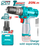 توتال تولز شنيور بطارية 12 فولت 1.5 امبير 20 نيوتن + 2 بطارية بدون شاحن   - TIDLI12202