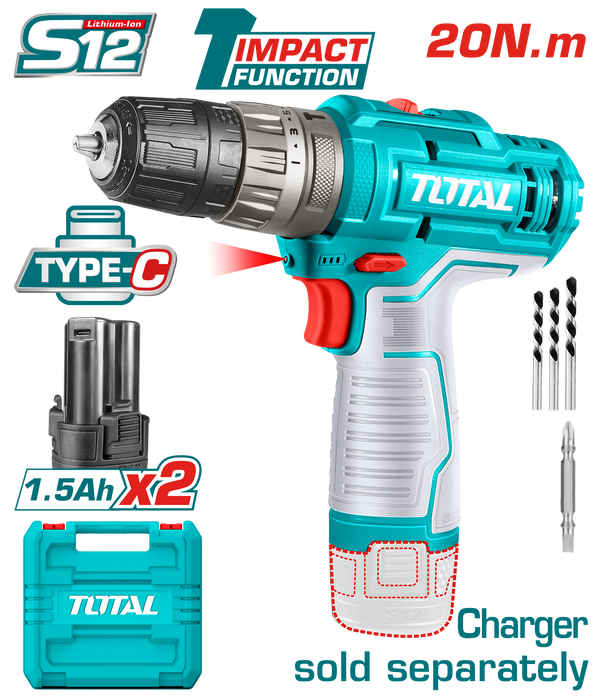 Total tools Lithium-Ion 12V impact drill  20Nm + 2 Pcs 1.5Ah battery  without Charger -TIDLI12202