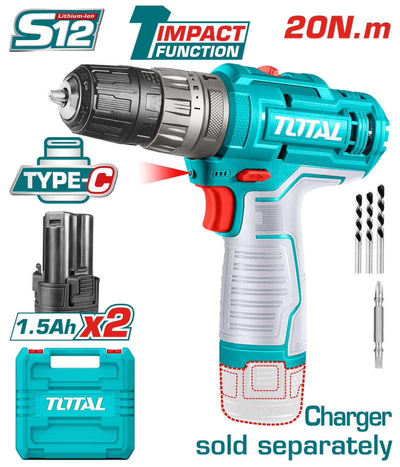 Total tools Lithium-Ion 12V impact drill  20Nm + 2 Pcs 1.5Ah battery  without Charger -TIDLI12202