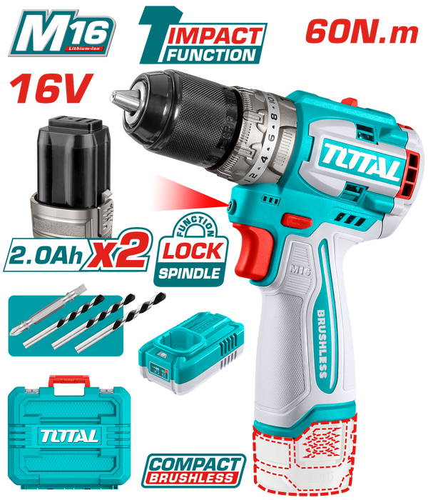 Total tools Brushless Cordless Impact Drill 13 mm 60 N.m 16 volt 2 Ah. + 2 battery and charger - TIDLI16682