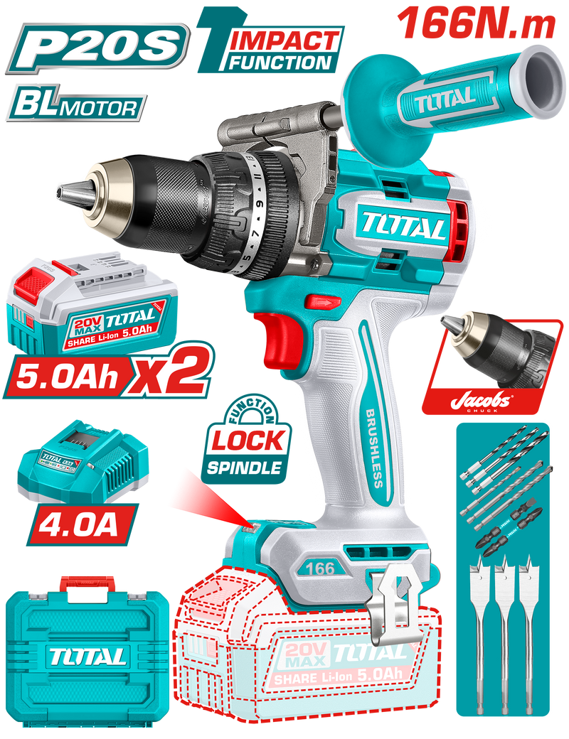 توتال تولز شنيور دقاق بطاريه برشليس 20 فولت بمقبض 166 نيوتن+ 2 بطارية 5 امبير و شاحن - TIDLI201668 